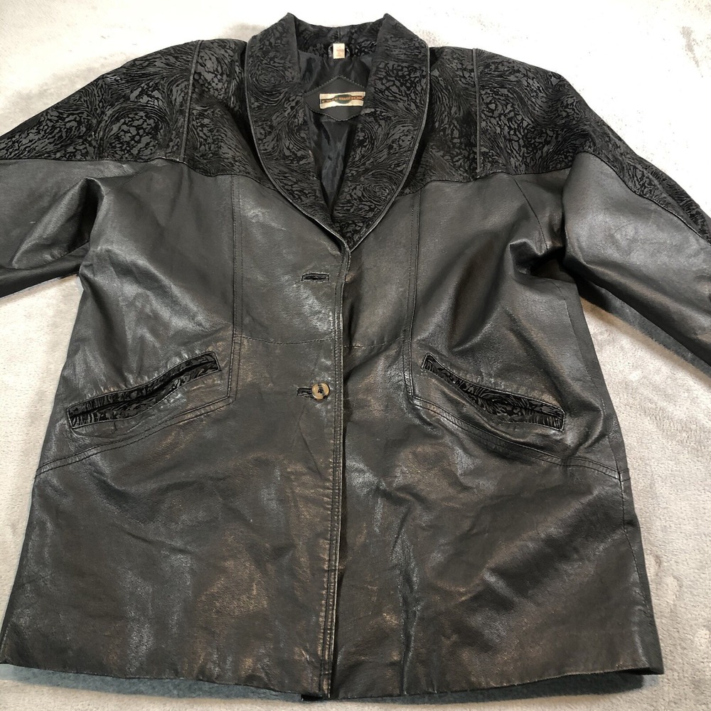 Outbrook Leather Coat Womens Large Black Long Baroque Suede Detail 80s Vintage - Picture 2 of 16